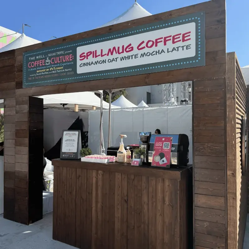 Spillmug coffee bar at a Coffee & Culture wellness event in the Miami Design District